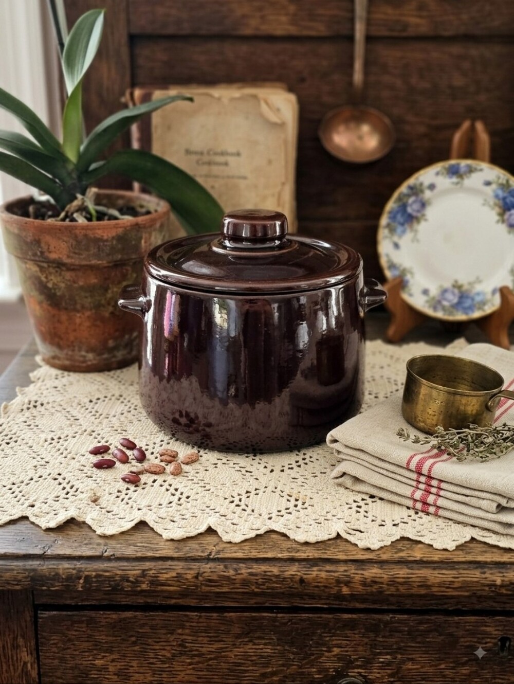 Vintage USA Pottery Dark Brown Glazed Bean Pot Crock with Lid | Cottagecore
